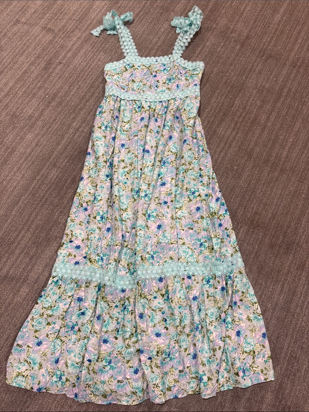 Green Floral Lace Tie Strap Empire Waist Maxi Dress NWOT Size M - Picture 2 of 8